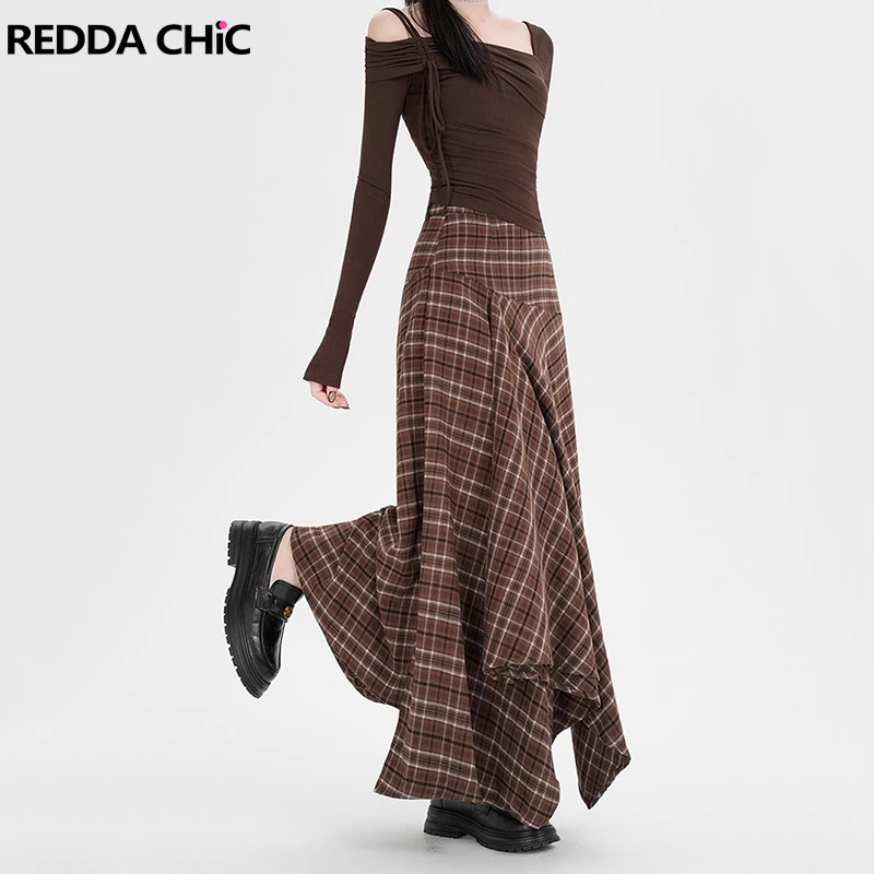 

REDDACHiC Women's Checkered Asymmetric Skirt Casual Ruffle Irregular Patchwork High Waist Maxi Long Flowy Skirt Vintage Clothes