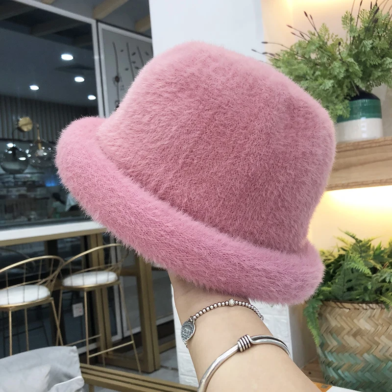 

Warm Knitted Rabbit Fur Hat Women's Faionable Winter Cap Street Sle ort Brim Buet Hat Bla Versatile Fierman Hat