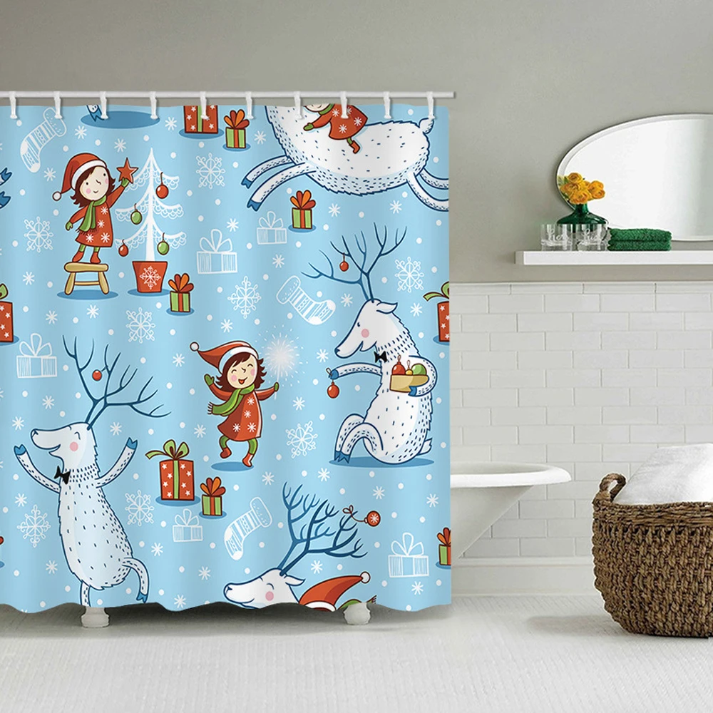 

Cartoon Kids Reindeer Deer Farmhouse Christmas Animal Shower Curtain Fairy Tale Xmas Pine Tree Bathroom Bathroom Bath Curtains