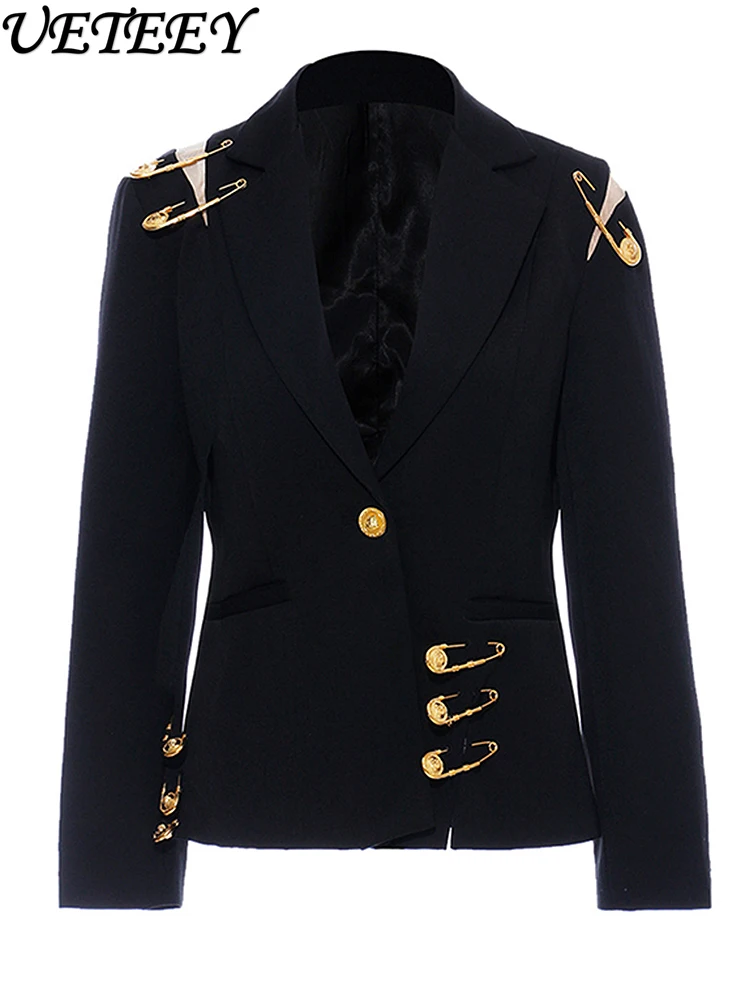 

Gold Pin Buckle Decorated Long Sleeve Slimming Blazer Coat Autumn New Women's Black Patchwork High Waist Asymmetric Suit Jacket