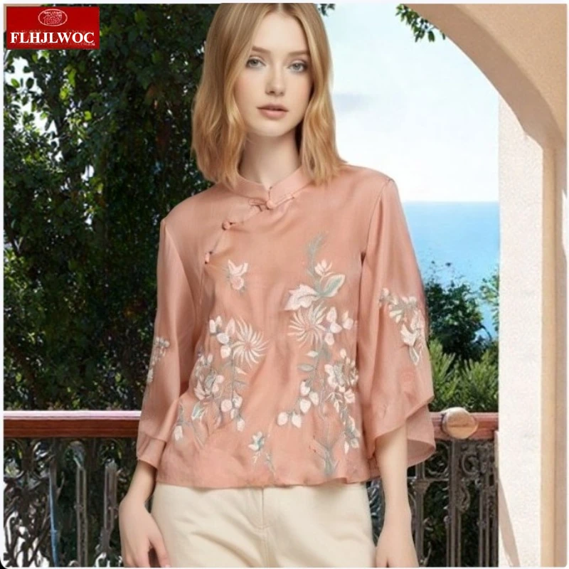 

Cotton Linen Tops Chinese Style Stand Collar Design 2025 Cute Women Date Girls Elegant Retro Pink Green Shirt Blouse Vintage