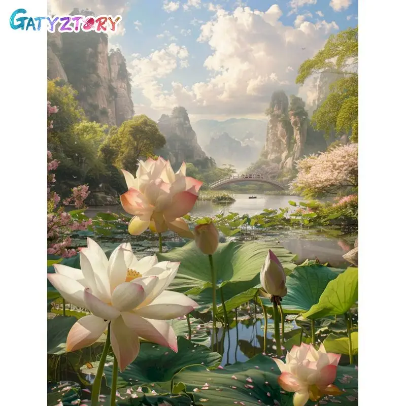 

GATYZTORY Diy Pictures By Number Lotus Pond Kits Home Decor Painting By Numbers Drawing On Canvas Handpainted Art Gift