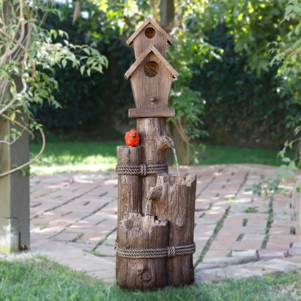 

Outdoor Fountain, 35" Outdoors Floor 3-Tiered Log and Branch Waterfall Fountains and Birdhouse, Outdoor Fountain