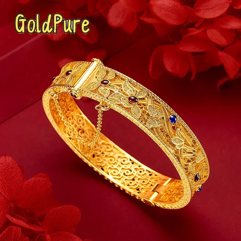 Goldpure Women 9999 24K Real Gold Vintage Burnt Blue Cloisonn Orchid Bracelet Vintage Court Style Buckle, Huizhi Orchid Heart En