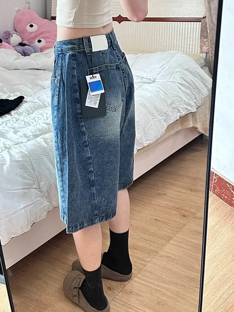 กางเกงยีนส์ทรงเอไลน์สีน้ำเงินเอวสูงขาตรงสำหรับผู้หญิงไซส์พลัส ทรงหลวม ขาบาน ความยาวห้าส่วน ช่วยให้ดูผอมลง เหมาะสำหรับฤดูใบไม้ร่วง