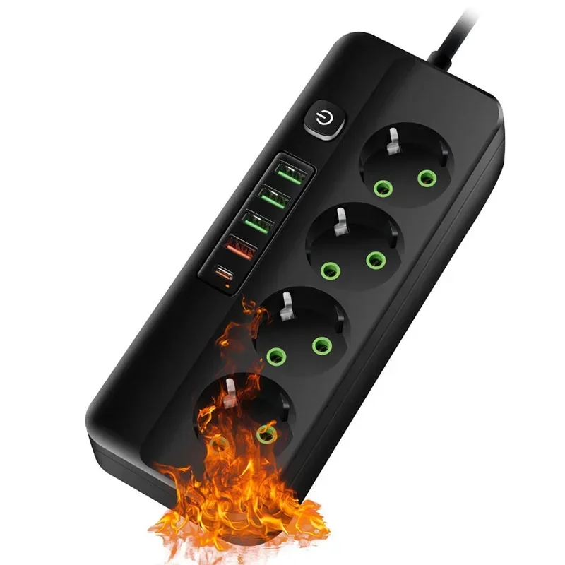 الاتحاد الأوروبي التوصيل قطاع الطاقة 3,4,5 أو 6 مآخذ 2500 واط مخرج كهربائي مع 4 منافذ USB 1 نوع-C 2 متر تمديد سلك محول 2.1A شحن