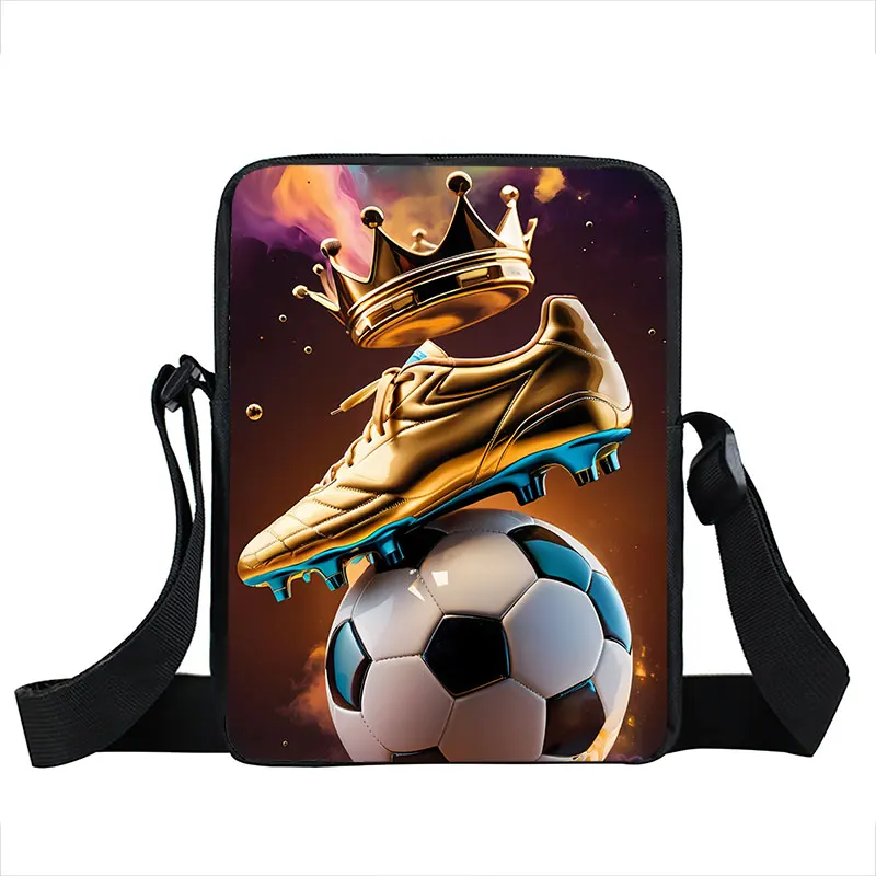 Cool Golden Soccer with Crown Print Crossbody Bags Hot Blood Football Sport Handbags Teenagers Boys Girls Phone Holder Bookbag