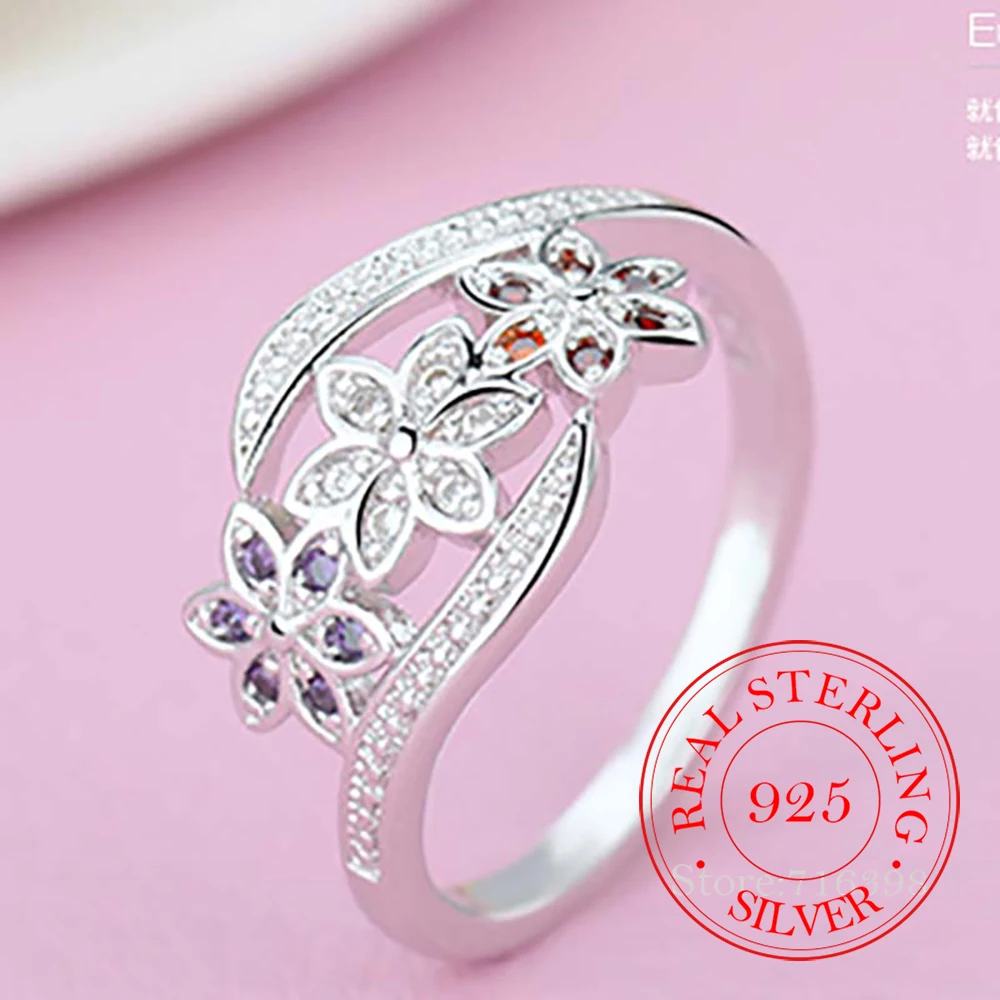 Anel de flor de prata esterlina 925 para mulheres – elegante branco vermelho roxo CZ joias clássicas delicadas para casamento e noivado