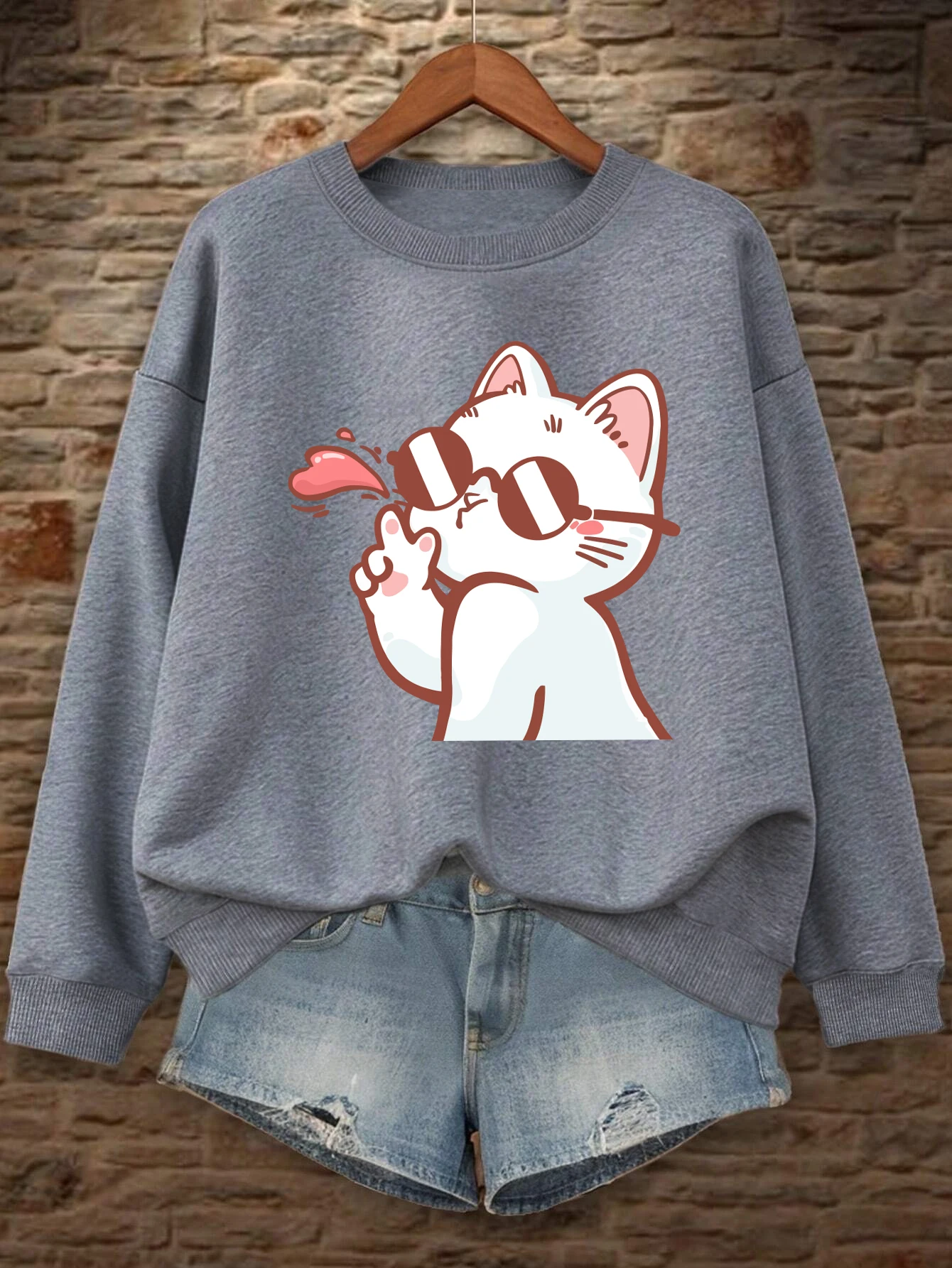 سيدة القط مع النظارات الشمسية تحلق قبلة طباعة المرأة البلوز س الرقبة البلوز ملابس الصوف غير رسمية الخريف كل مباراة الشارع الشهير #1