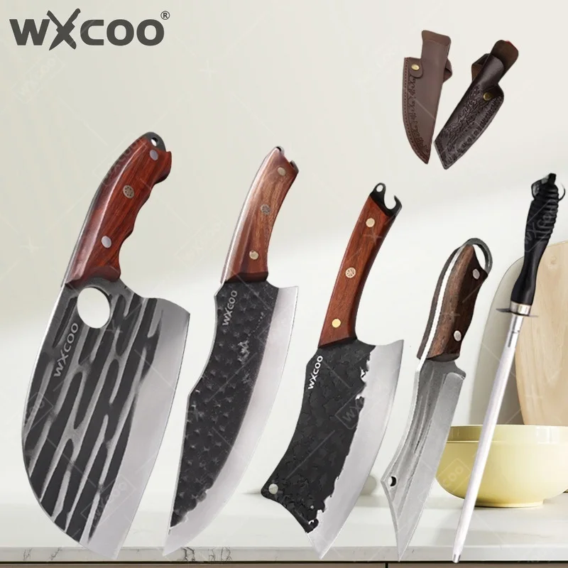 

WXCOO Multifunctional Kitchen Knife Meat Cleaver Butcher Forged Stainless Steel Wooden Handle Fish Boning Knife Bottle Opener