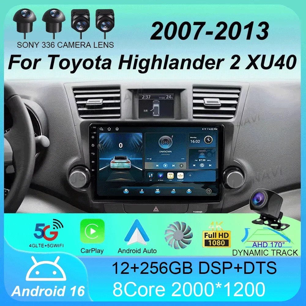 

Android 16 Car Radio Carplay Auto For Toyota Highlander 2 XU40 2007-2013 Multimedia Video Player Navigation GPS Stereo 2din DSP