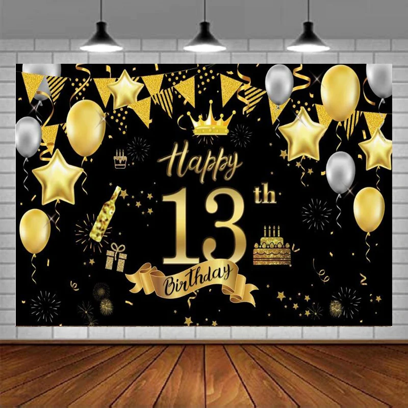 Photography Backdrop Happy 13th Birthday Background Banner Party Black Gold Sign Poster Party Favor Supplies Anniversary Decor