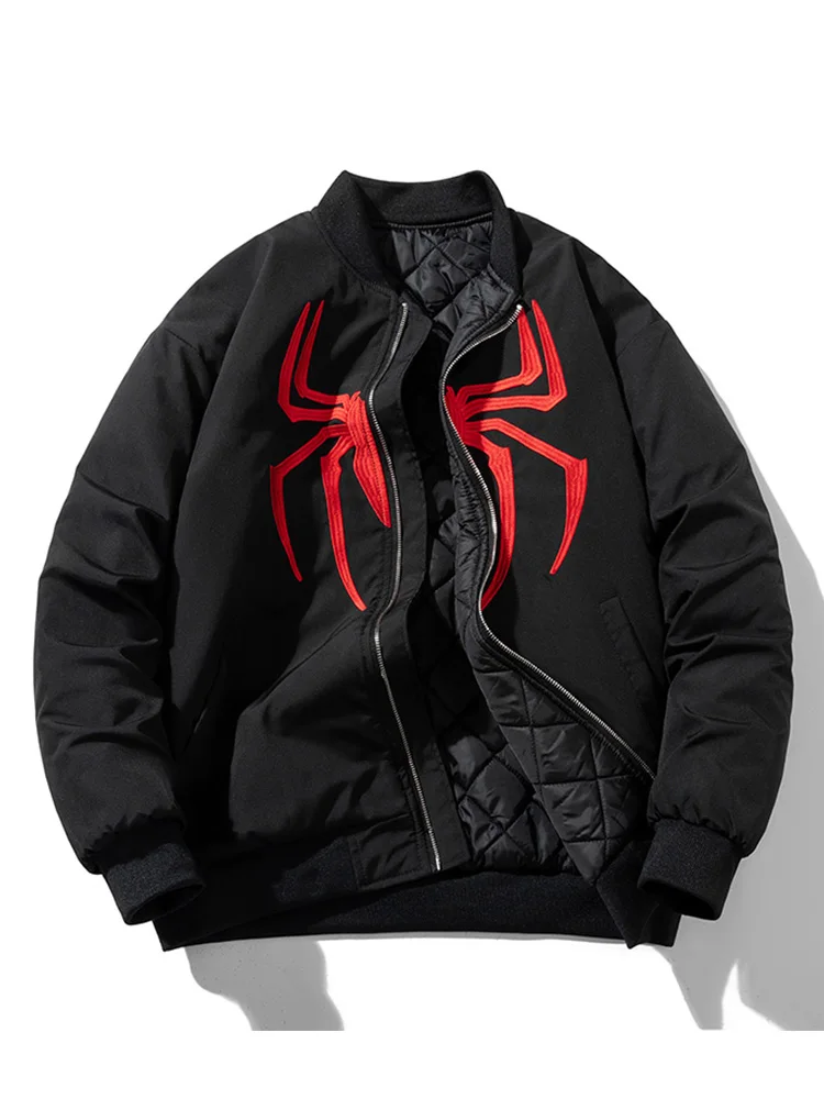 

Утепленная хлопковая куртка с воротником-бомбером и вышивкой паука, молодежная повседневная модель для мужчин и женщин, осенне-зимнее модное пальто