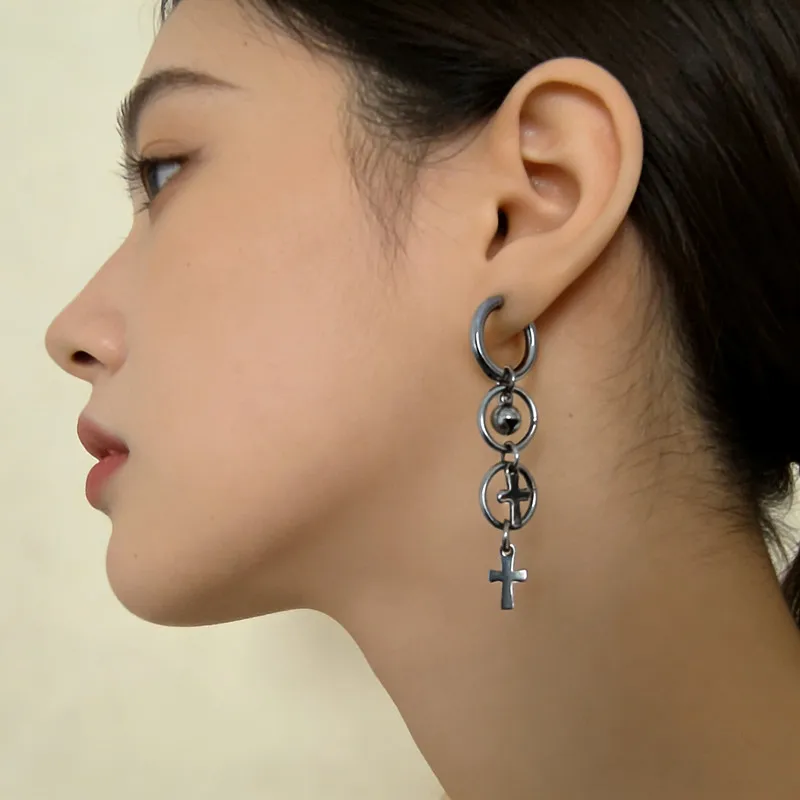 Double Layered Circular Cross Bell Earrings for Men and Women, Punk Style, Cool and Spicy Subculture Earrings, Ear Buckles