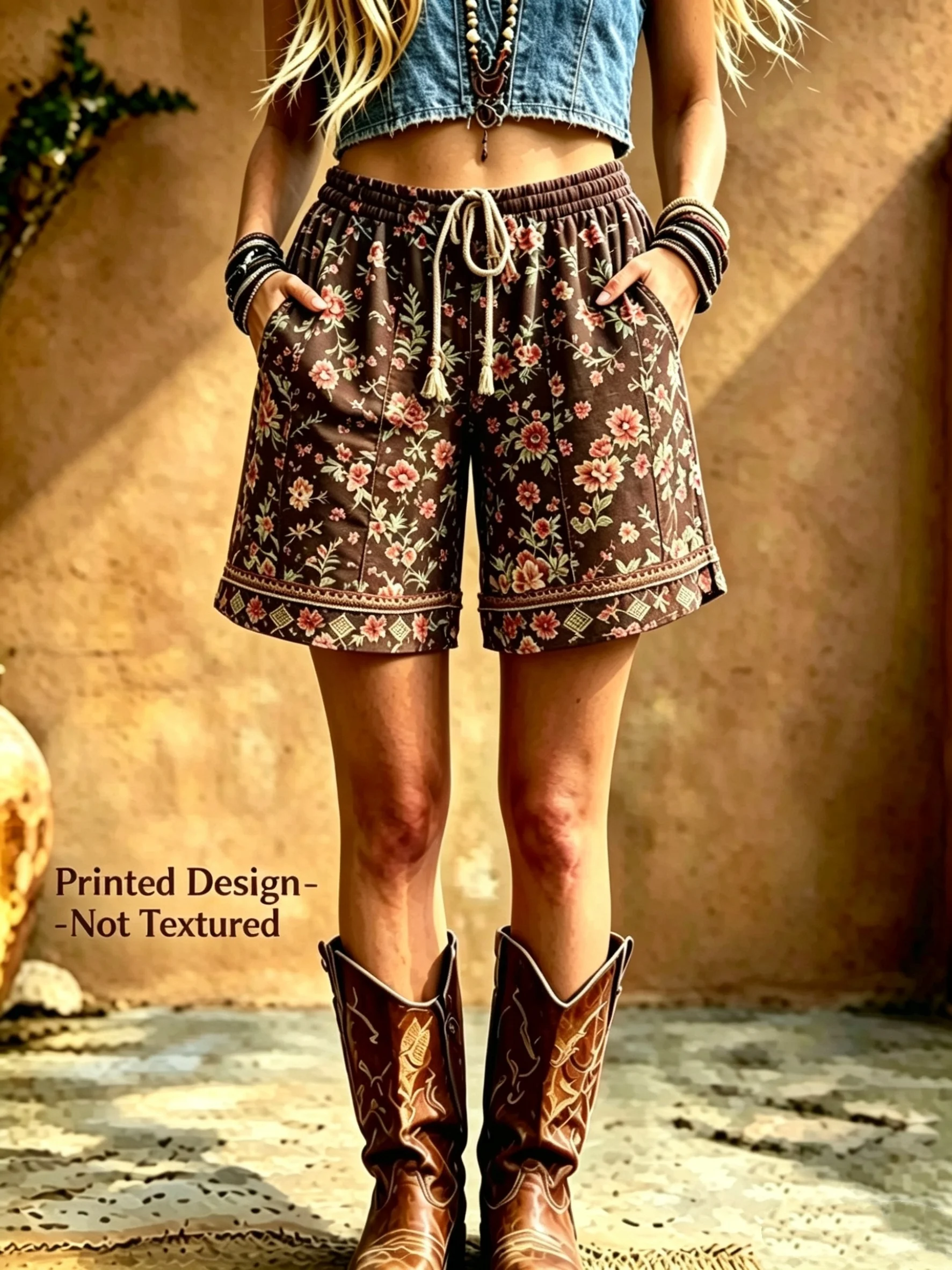 New Western-Style Floral Print High-Waisted Shorts, Bohemian Drawstring Elastic Waist, Soft and Breathable Summer Casual Pants, Retro Brown Floral Print, Women's Vacation Outfit