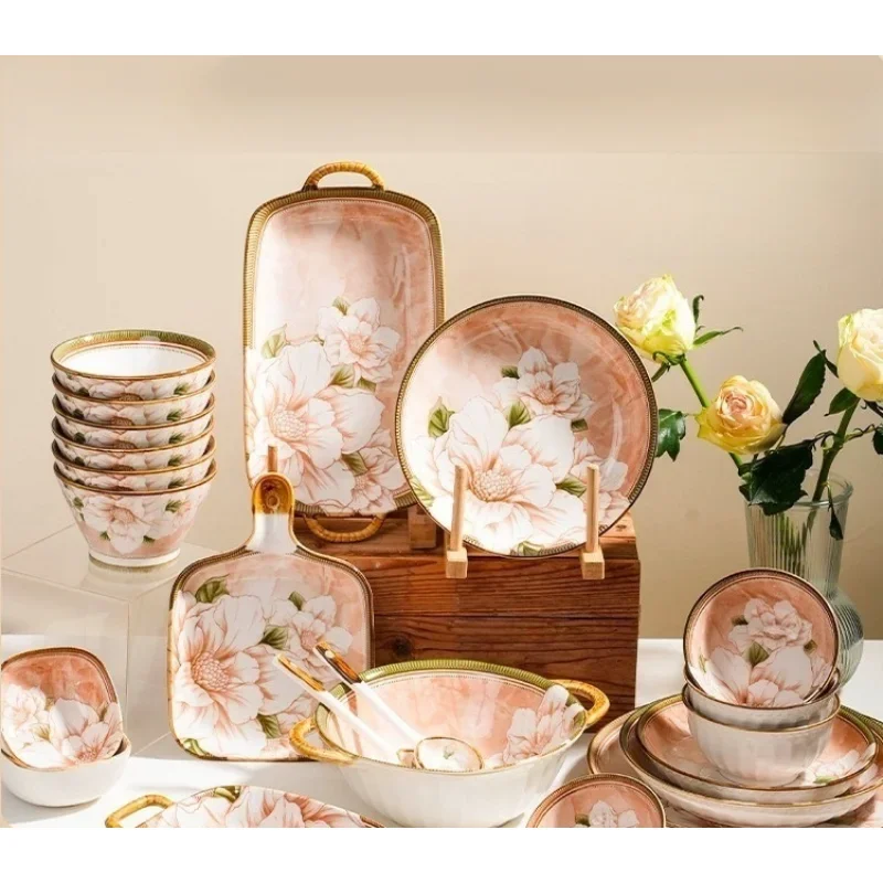 1 PCS Camellia Bowl Dish High Appearance Level Underglaze Color Ceramic Tableware Dish Set