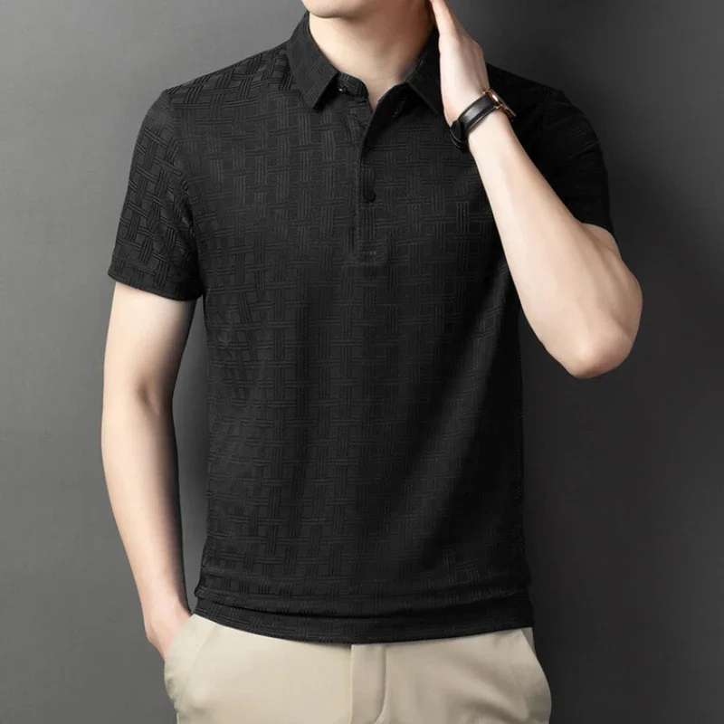 New Summer Popular Ice Silk Jacquard T-shirt Thin and High End Trendy Men's Casual T-shirt Polo Shirt