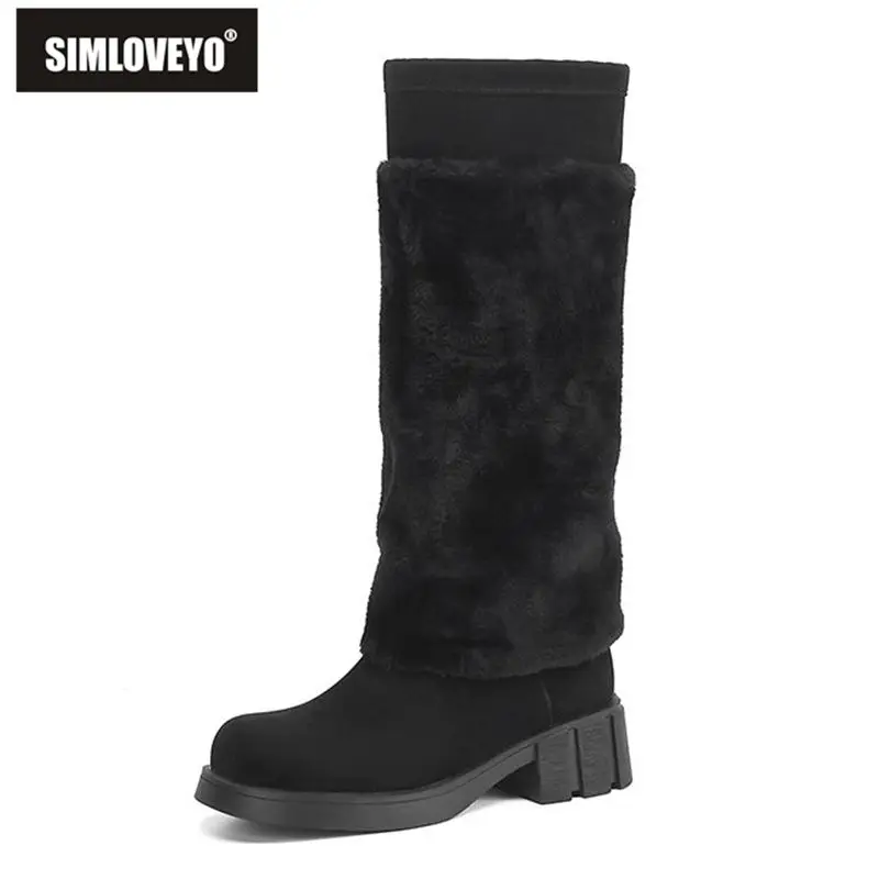 SIMLOVEYO Women Winter Snow Boots Plush Square Block Heels 4.5cm Slip On Mixed Color Big Size US12 41 42 43 Warm Knee Bota