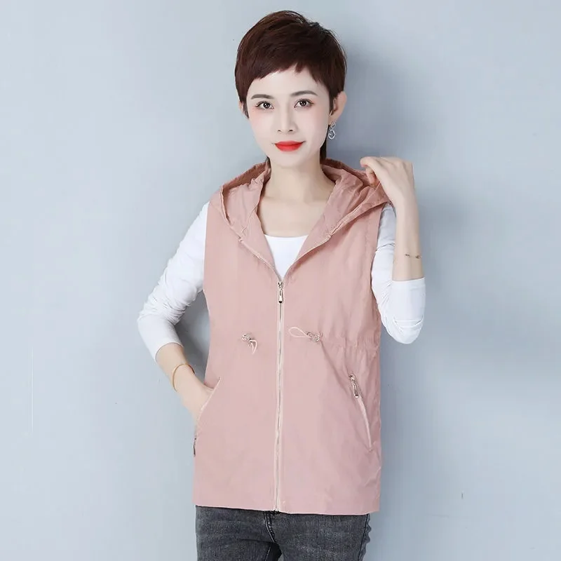 

White Pink Hooded Vest Women Spring Summer Thin Liner Sleeveless Jacket Casual Loose Short Female Tops Waistcoat Calecos Mujer