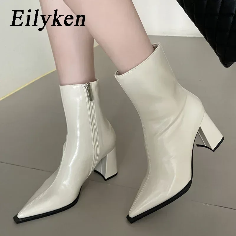 Eilyken Fashion Pointed Toe Ankle Boots Ladies Short Zipper Shoes Square Heels Winter Autumn Women Zapatos Mujer