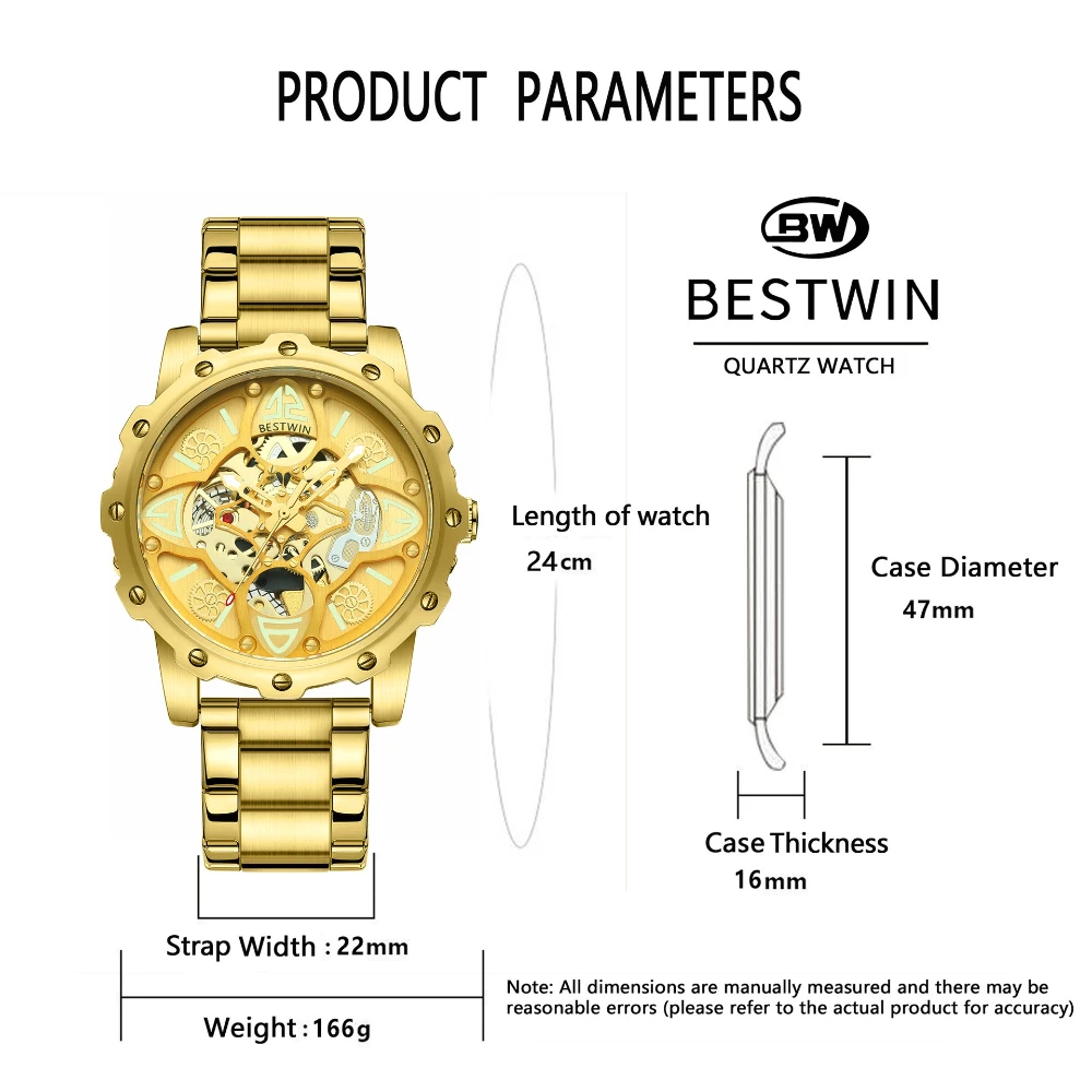 BESTWIN 203 ساعة رجالي منظور أسفل بوش مفتوحة قطع غير ميكانيكية متعددة الطبقات مضيئة موضة ساعات كوارتز للرجل