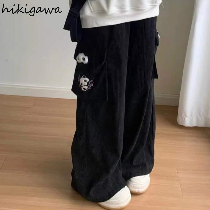

Panda Embroidery Wide Leg Pants for Women 2025 New Bottoms Corduroy High Waist Trousers Casual Fashion Straight Pantalon Femme