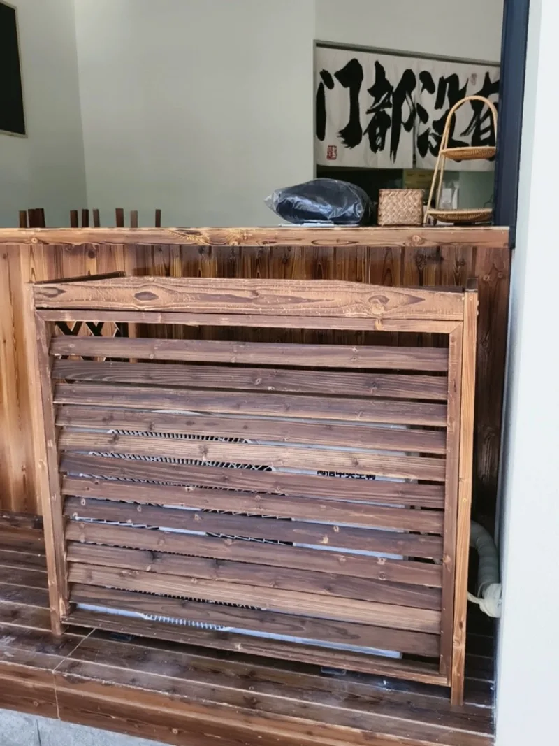 For Outdoor Air Conditioner External Protective Cover, Decorative Anti‑Corrosion Wood‑Look Grille Vent Blinds For Outside AC