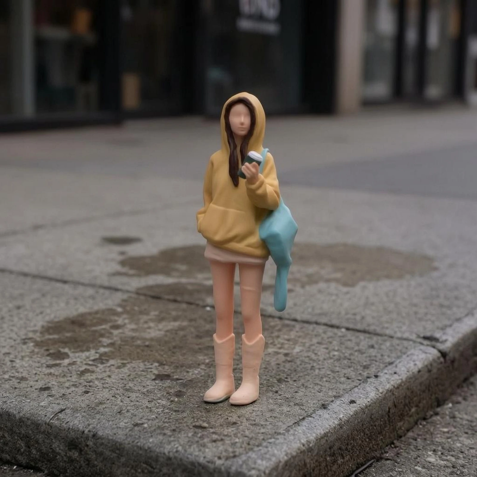 Hooded Girl Figurine 1:64 Scale Miniature Girl Figurine Toy Figure Blue Shoulder Bag Highly Detailed