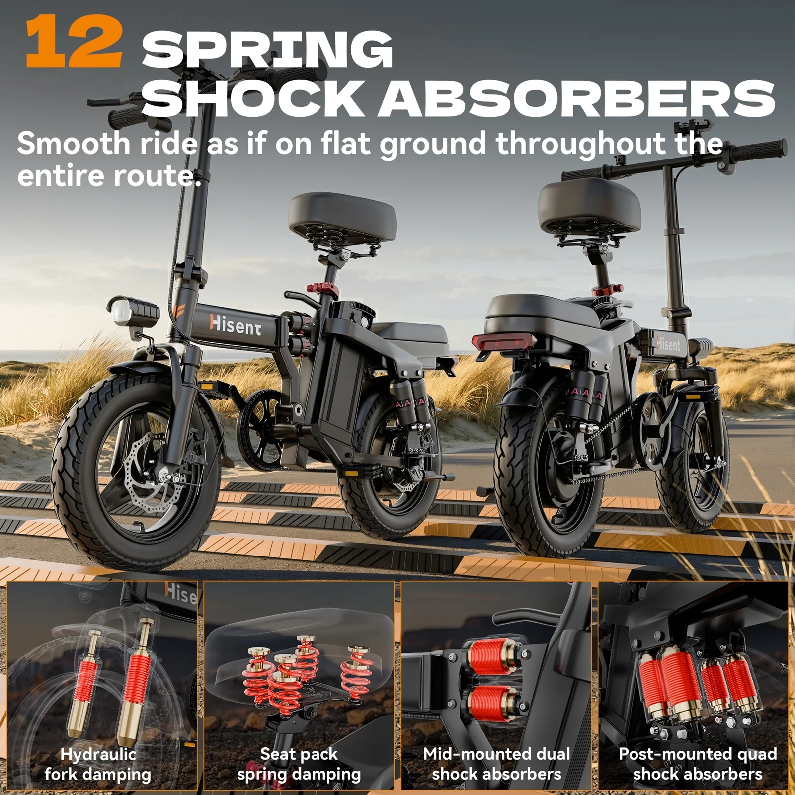 Hisent electric folding bike, 14 inches, 500W brushless motor, 48V 10AH/17.5AH battery available, different models.