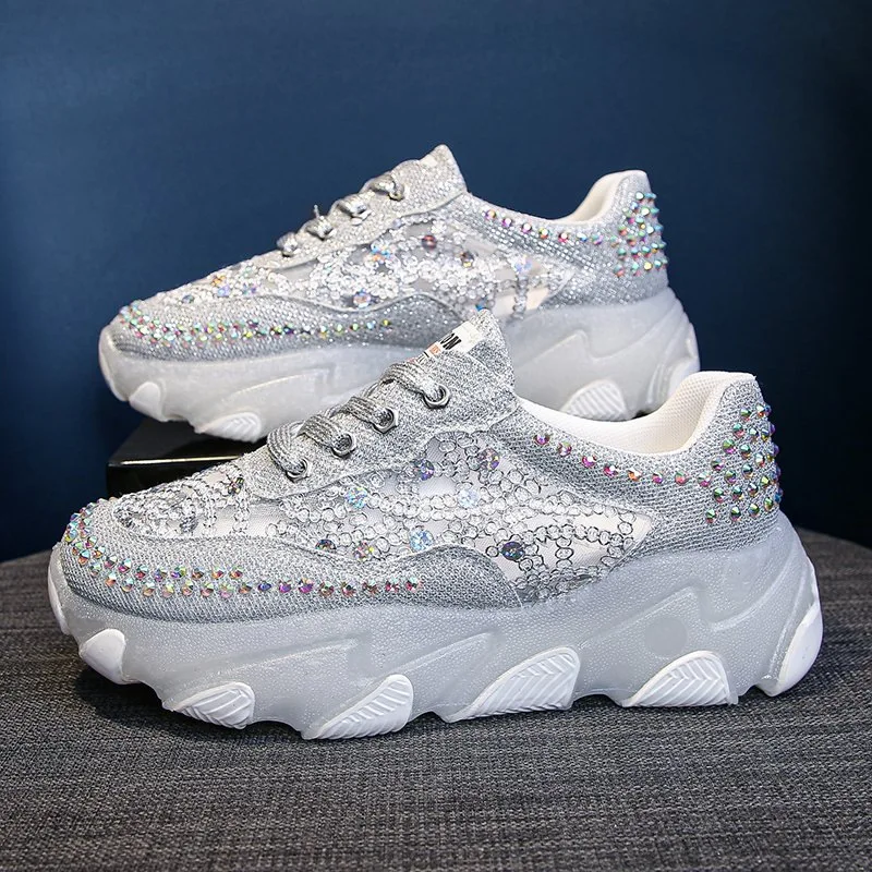 

Women Sports Shoes Breathable Rhinestone Sparkling 2024 Autumn New Korean Version Jelly High Elasticity Thick Sole Casual Shoes