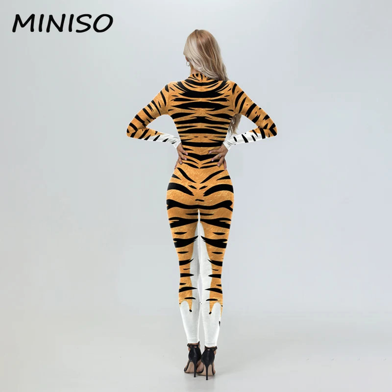 MINISO Cosplay Animal Tiger Pattern Costume Female Zentai Suits Halloween Party Jumpsuit Fancy Dress Adult Women Bodysuits