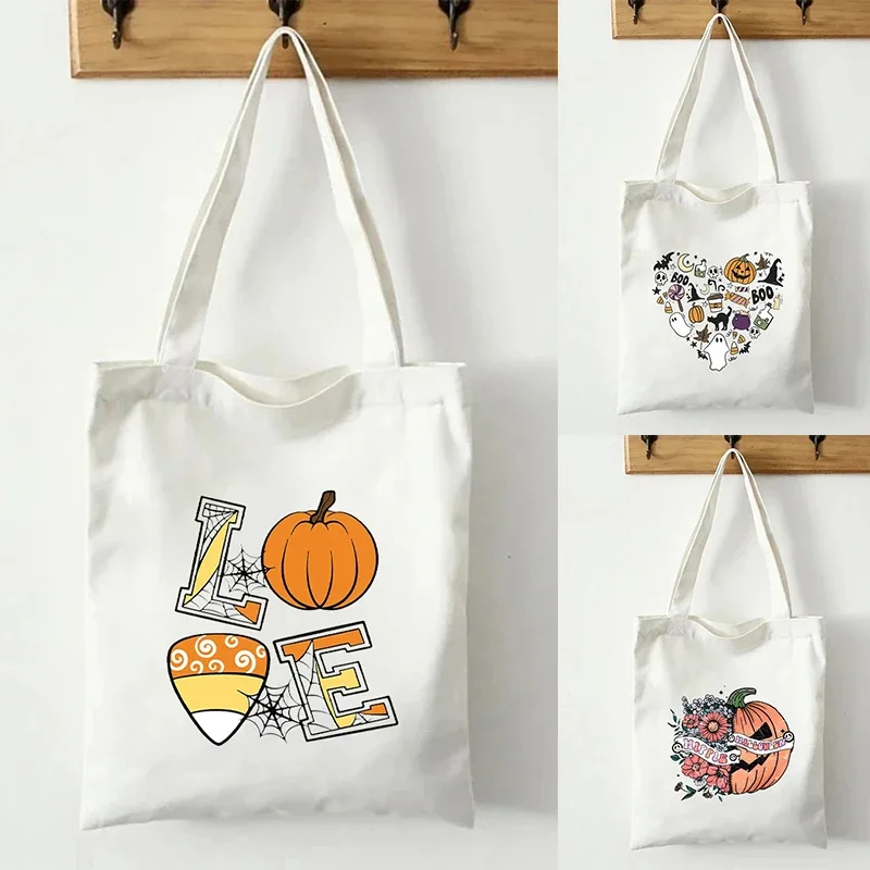 Pumpkin Flower Love Printed Canvas Bag Travel Shopping Bag Large Capacity Storage Tote Bag Fashion Shoulder Bags Halloween Gift