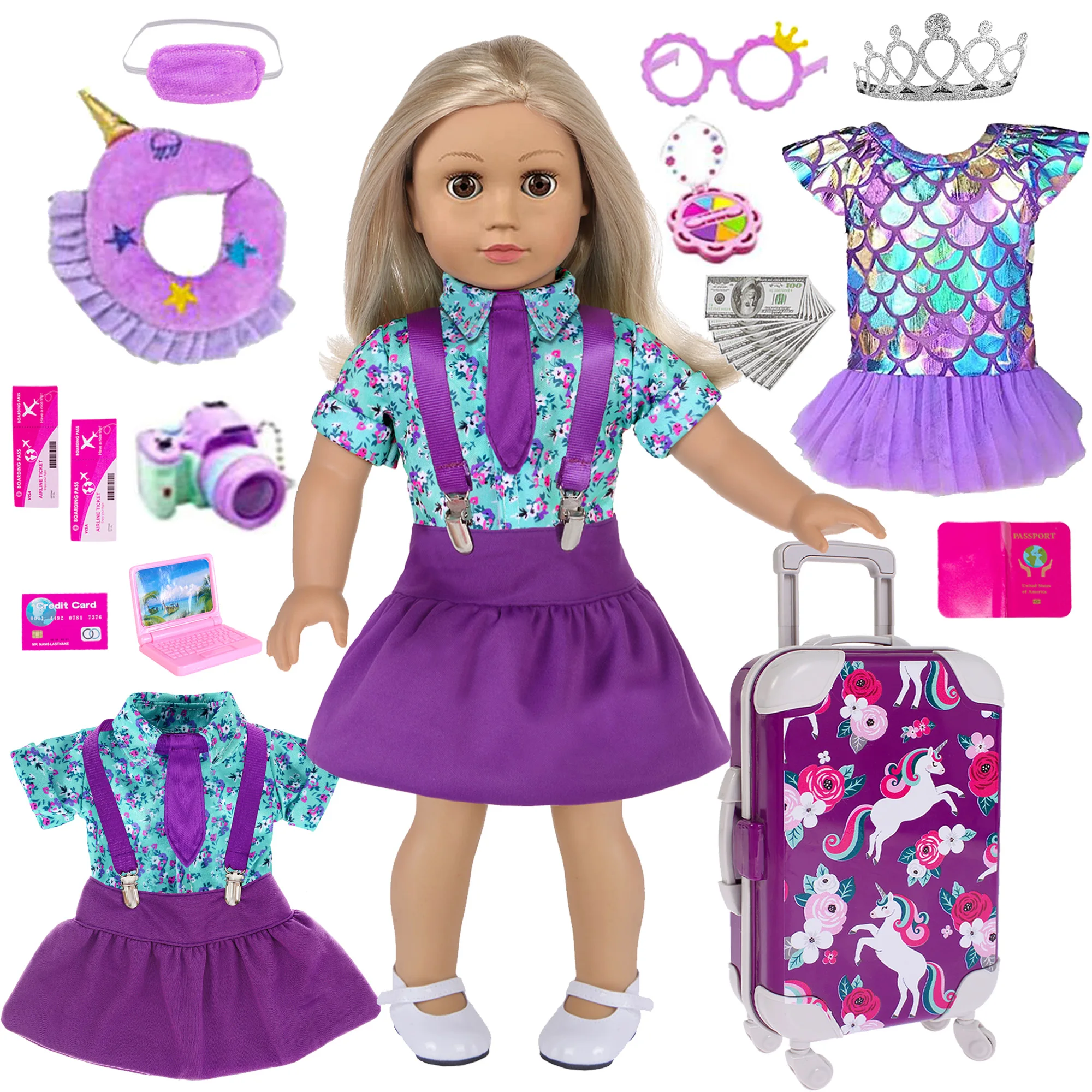 25pc 18 inch Girl Doll Clothes and Accessories Travel Case Luggage School Play Set with Pillow Camera Sunglasses ... (No Doll)