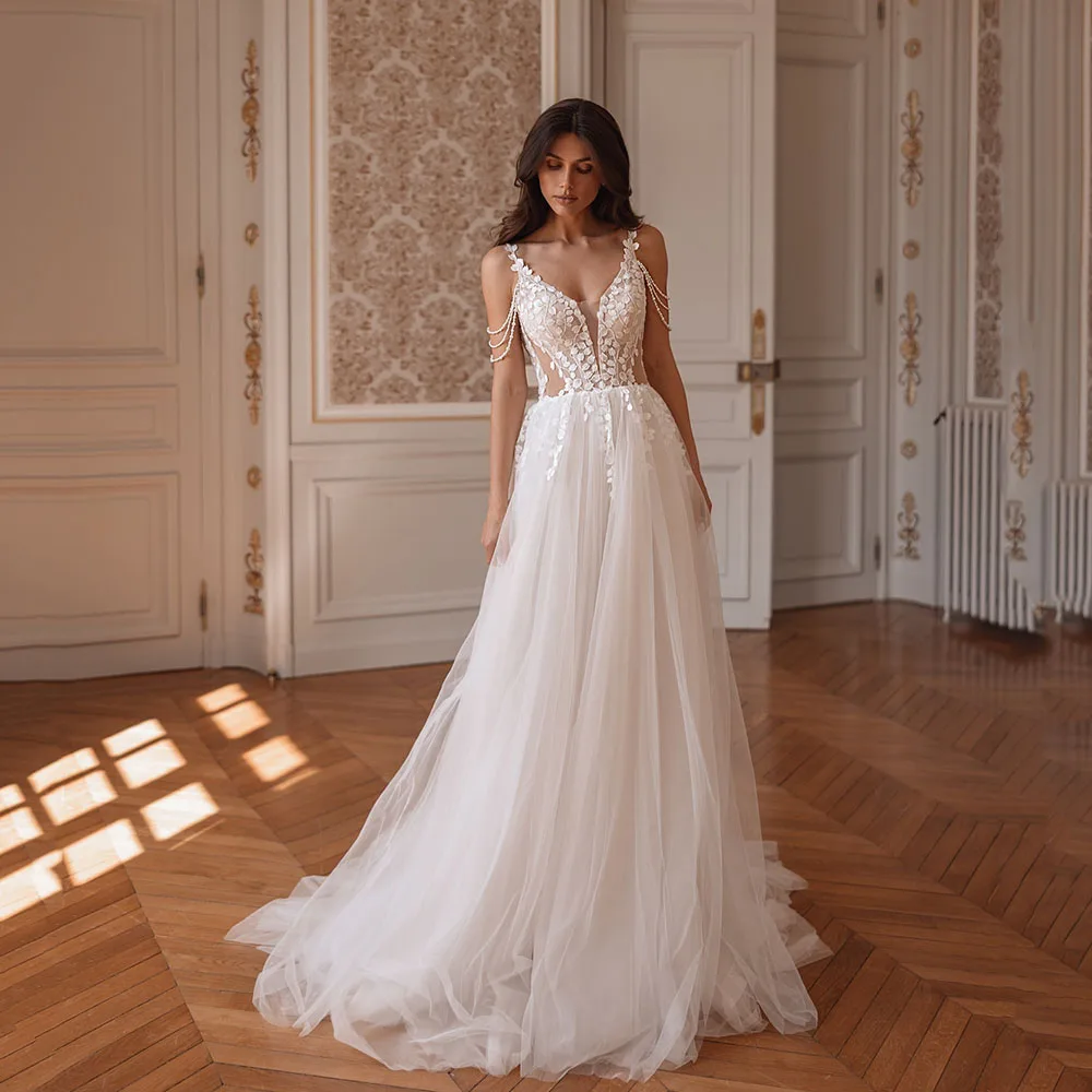 

Msikoods Luxury Bridal Dress 2025 V Neck Tulle Appliques Lace Wedding Gown Beaded Backless A Line Boho Wedding Dress Customized
