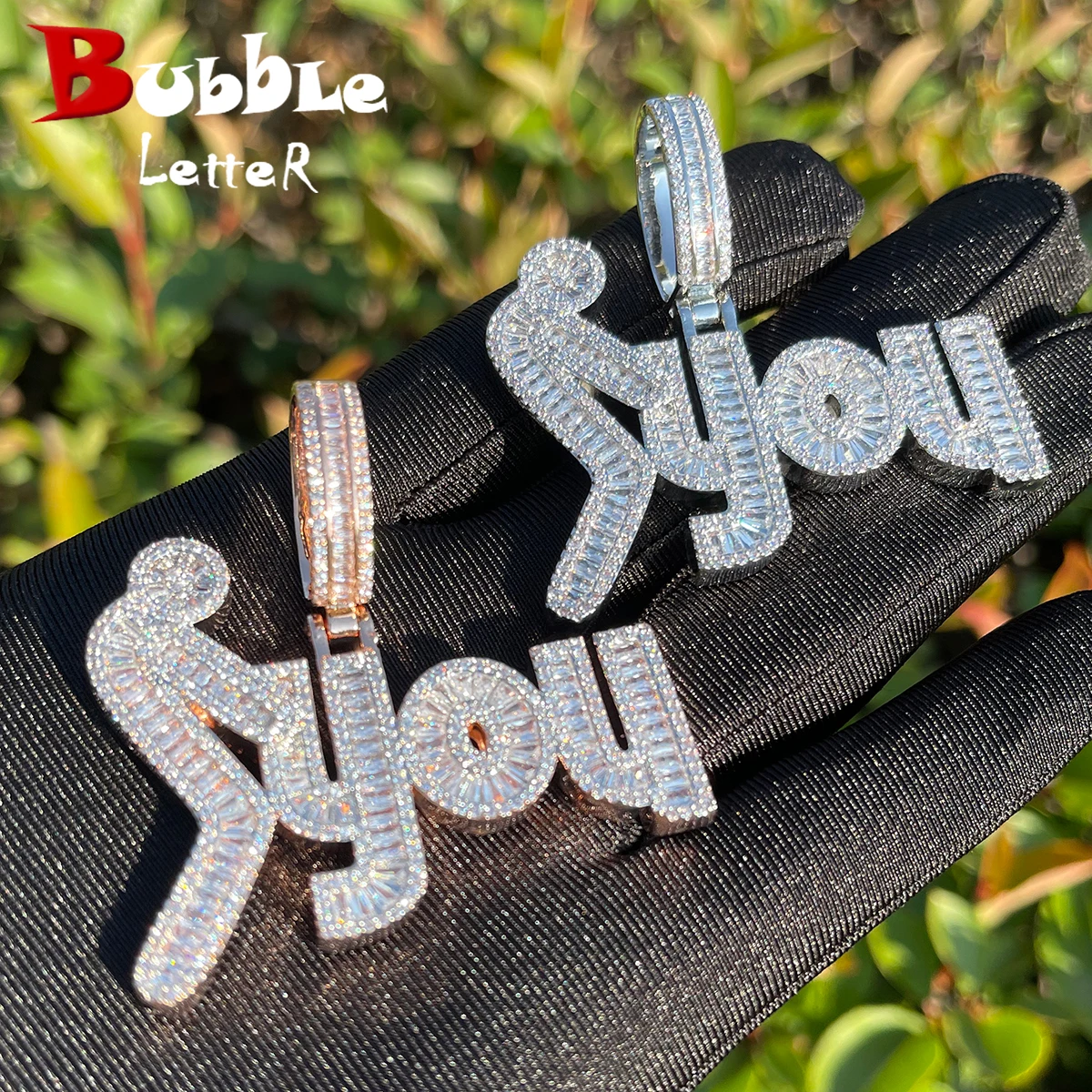 

Bubble Letter Iced Out Necklace for Men Baguette Prong Setting Pendants Real Copper Cubic Zirconia Hip Hop Jewelry