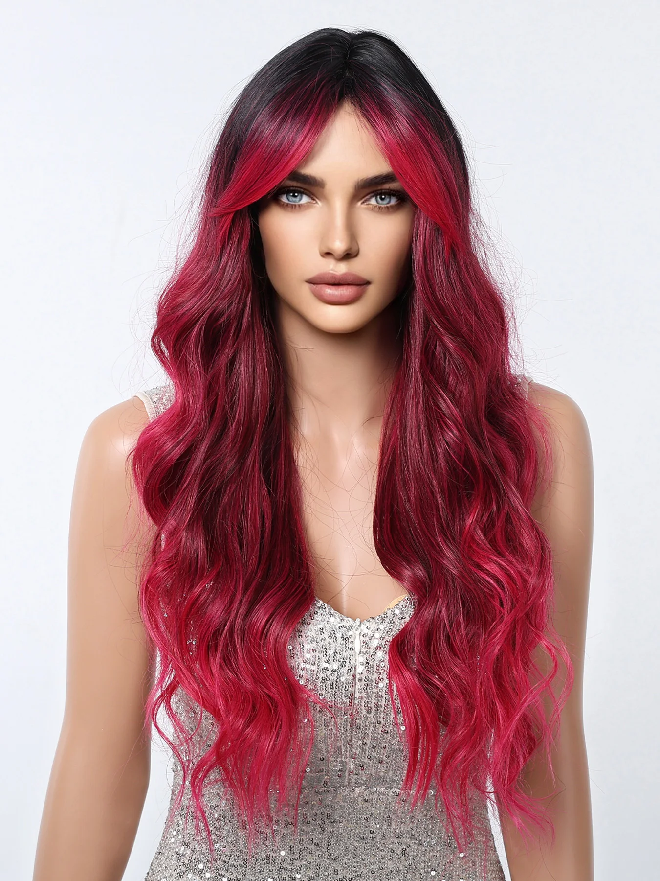 هالوين طويل مجعد التنين الفاكهة الوردي أومبير الاصطناعية شعر مستعار متموج الجزء المتوسط موجة المياه الباروكات للنساء اليومية تأثيري شعر مستعار