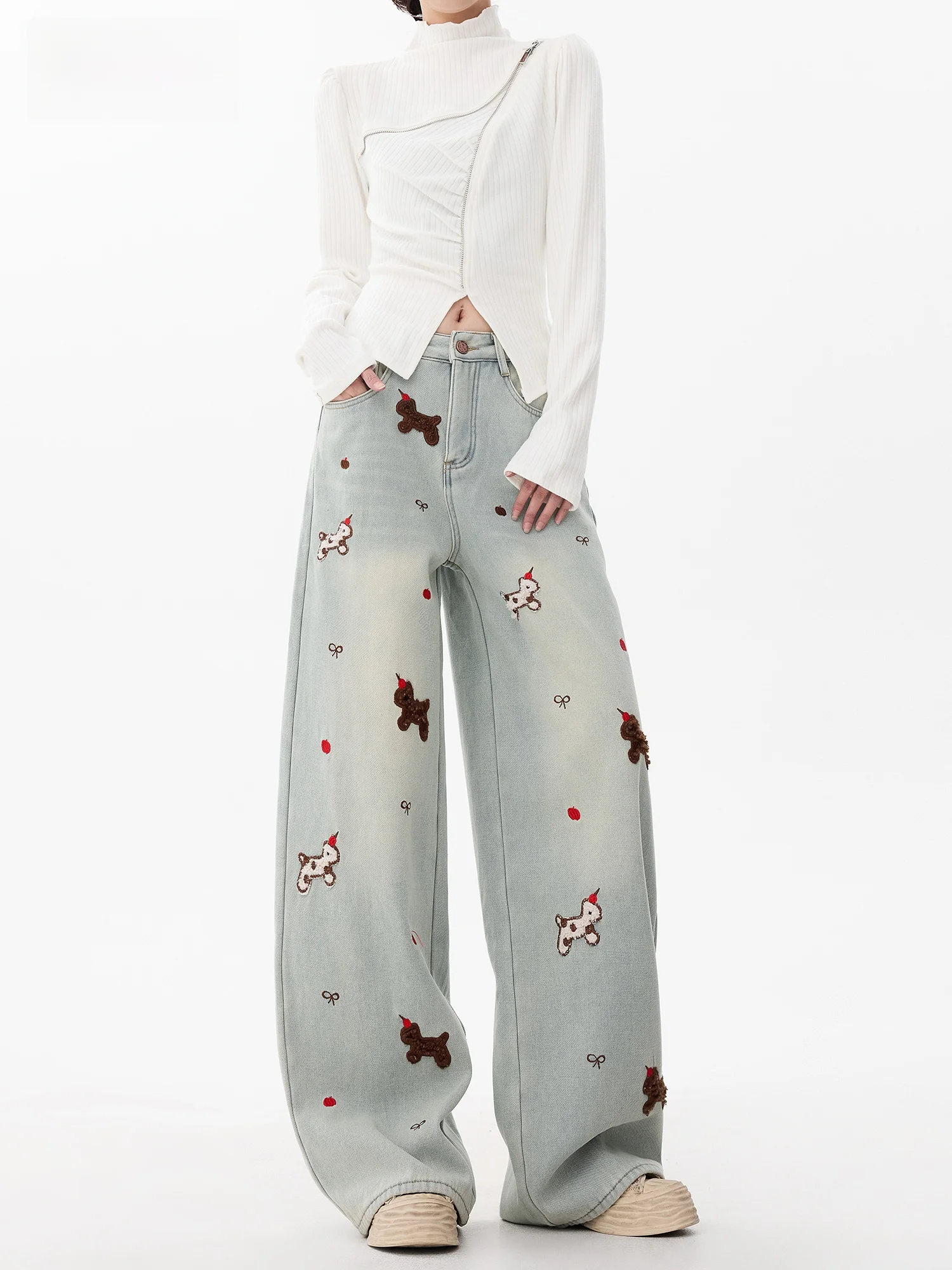 

Женские джинсы с высокой талией, прямые, с вышивкой, широкие, повседневные, осенне-зимние, модные, E.D.X, светло-голубые