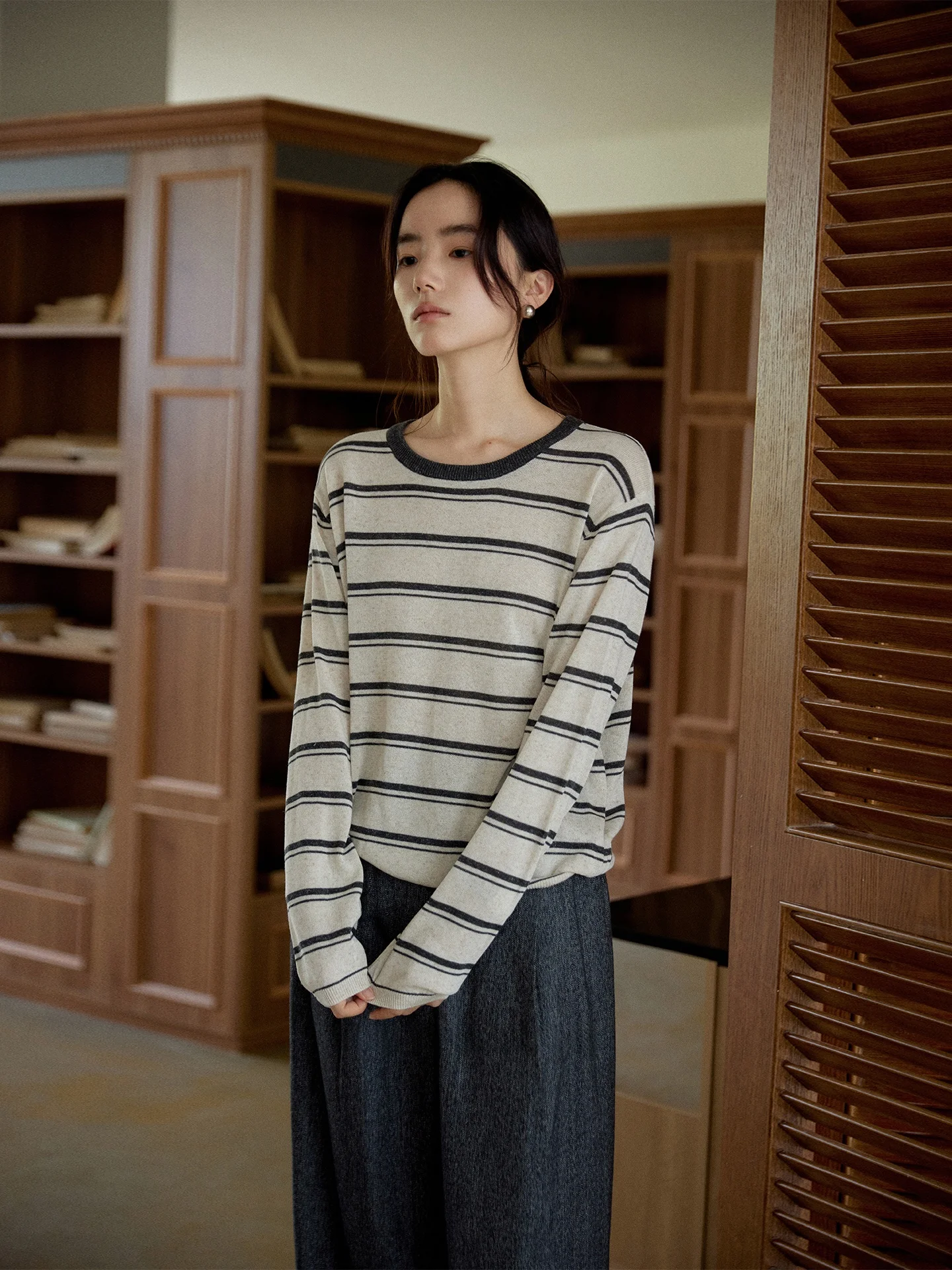 

Long Sve Knitted Linen Stripe T-irt round Ne Base irt Casual Loose Fit Women's Top Warmth Comfortable Girl Commute