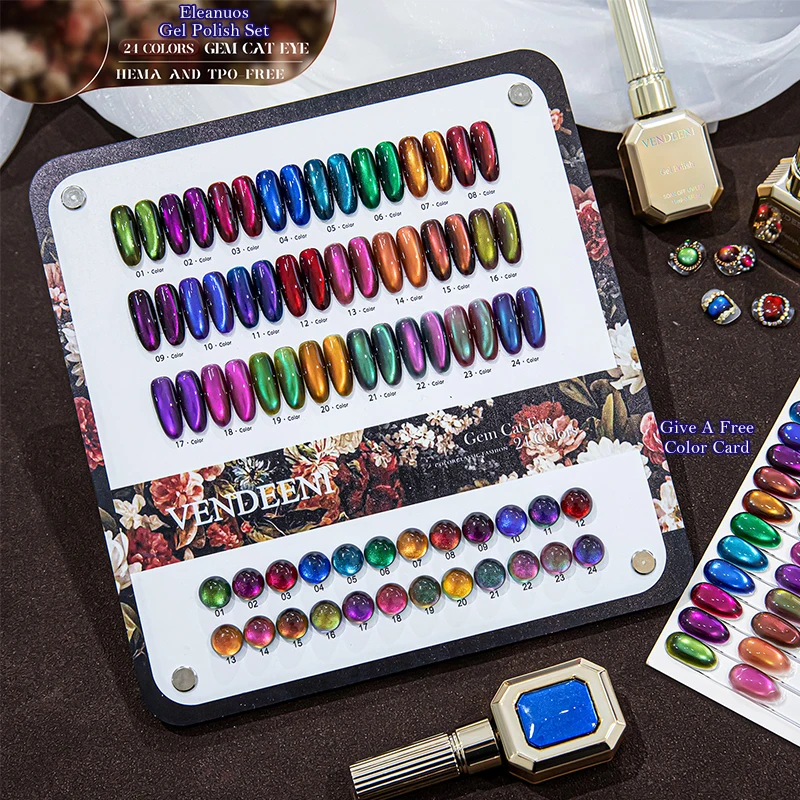 Conjunto de Esmaltes em Gel Olho de Gato com 24 Cores, Pó Magnético Colorido Efeito Contas de Vidro, UV para Nail Art, Livre de Hema e TPO, Removível 