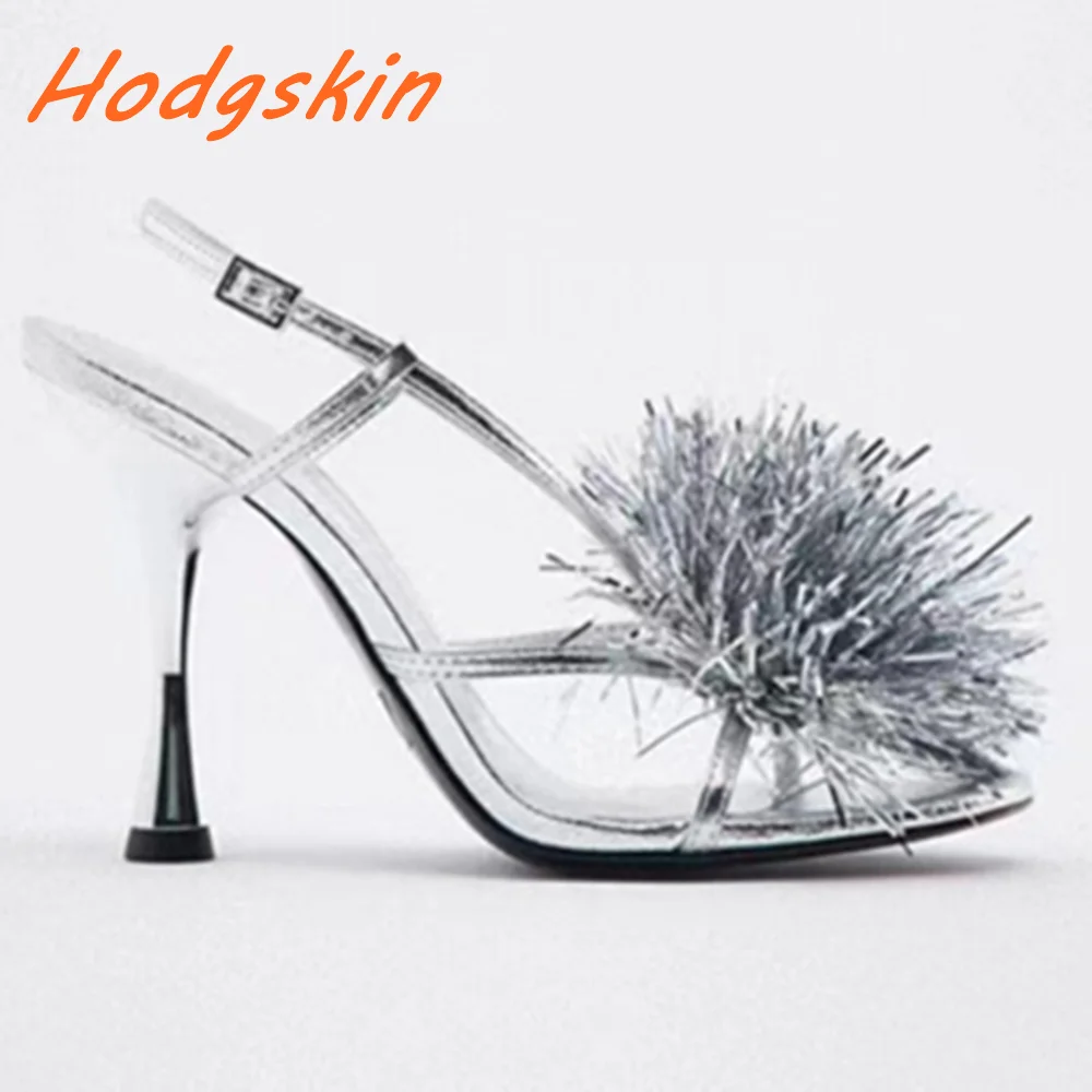 Sliver Bloem Decoratie Sandalen Ronde Neus Smalle Band Enkelgesp Hoge Dunne Hakken 2024 Zomer Sexy Casual Party Fashion Schoenen