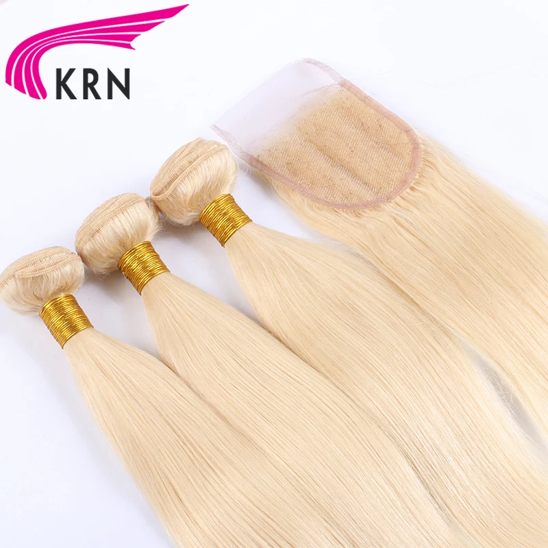 

KRN Human Hair Bundles with 4x4 Closure Brazilian Hair Weave Lace Closure with 3 Bundle Remy 613 Blonde Straight Hair Bundle