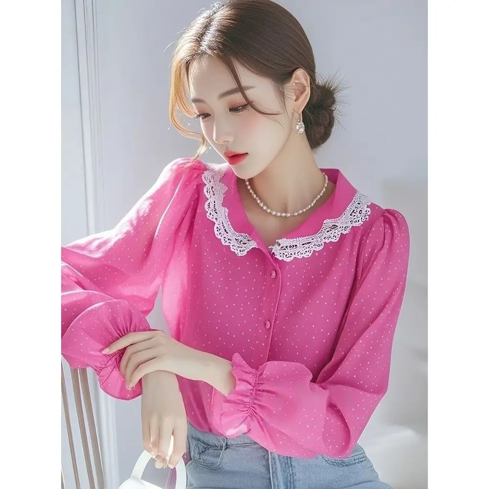

Lace Ruffles Lantern Sleeve Blouse Ladies Elegant Patchwork Buttons Shirts Spring Summer Sweet Polka Dot Puff Sleeve Top Tee