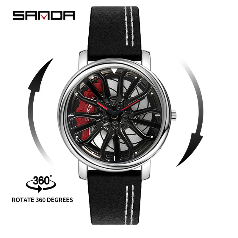 SANDA P1057 2023 New Spinning Men Fashion Rim Hub Wheel Watches Waterproof Quartz Car Wristwatch Unique Design Relogio Masculino