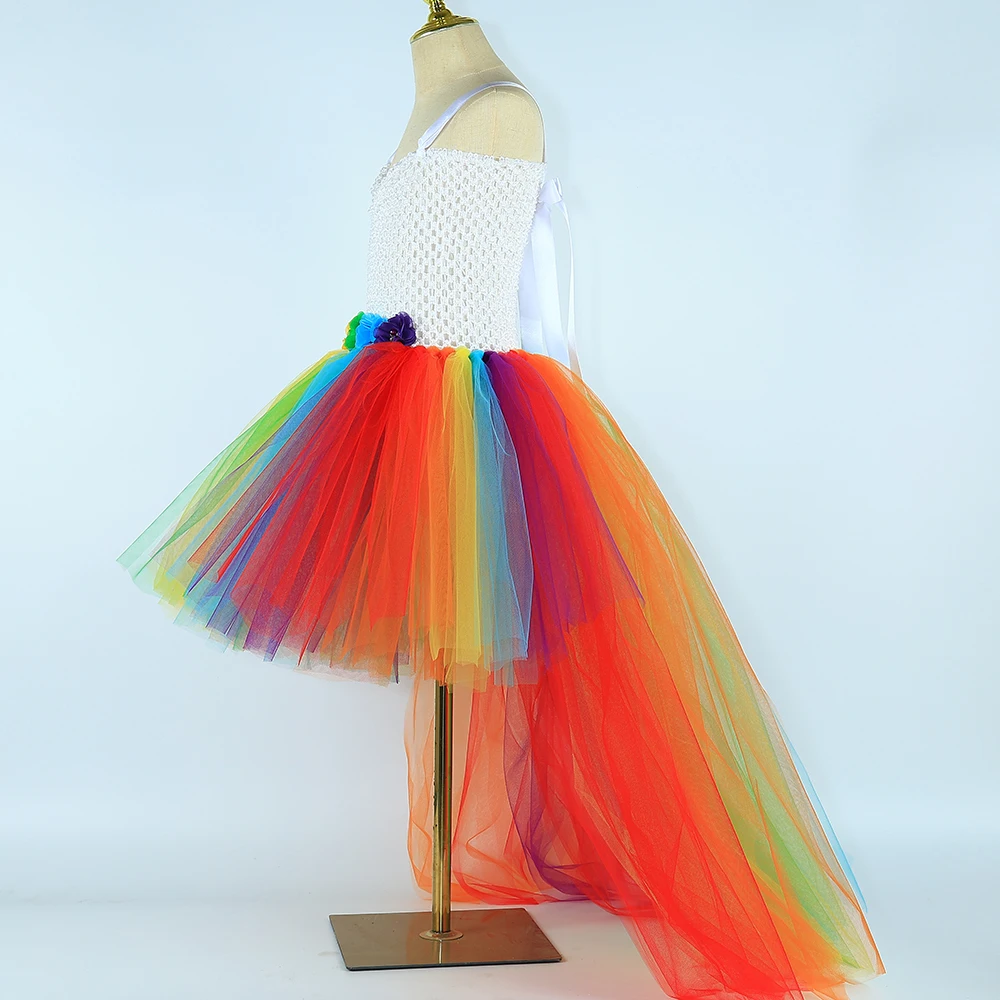 Rainbow Flowers Long Tutu Dress for Girls High Low Costume with Trail for Kids Halloween Birthday Outfit Girl Trailing Ball Gown