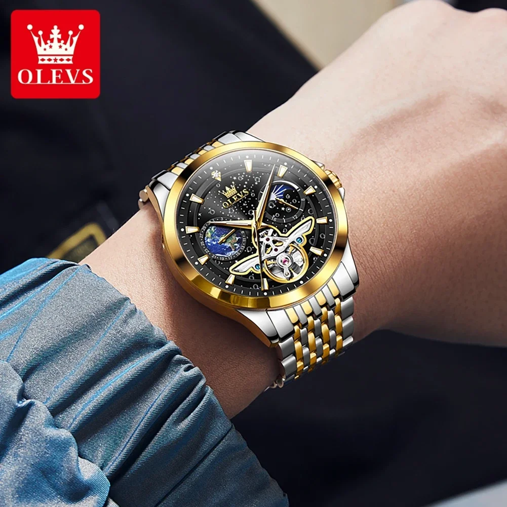 Olevs Luxury Brand Men\'S Watches Hollow Out Flywheel Luminous Waterproof Fully Automatic Mechanical Watch Starry Sky Moon Dial