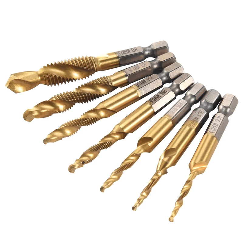 

7Pcs 1/4Inch Hex Shank Titanium Combination Drill And Tap Set Metric Thread HSS M3-M10 Screw Tapping Bit Tool