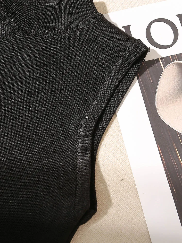 섹시한 슬림핏 어깨 노출 니트 베스트 탑 블라우스 스트랩 디자인 출퇴근용 슬림 길이 폴리에스터 혼방