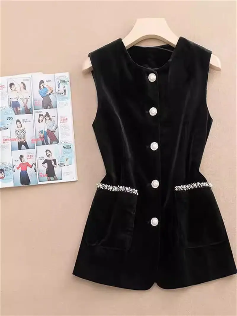 

2025 Spring Early Autumn Sleeveless Gold Velvet Bead Vest Women's Large Size Slim High-End Top Trendy Waistcoat Jacket A324