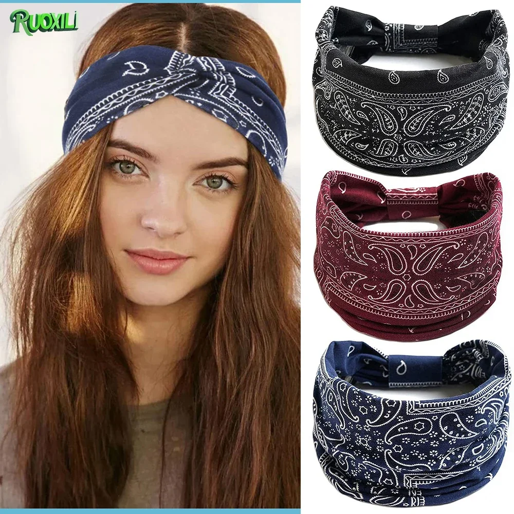 3pcs Wide Headbands for Women Fashionable Bohemian Style,Elastic Turban Head Wrap Non-Slip Hair Bands for Sport Yoga & Running