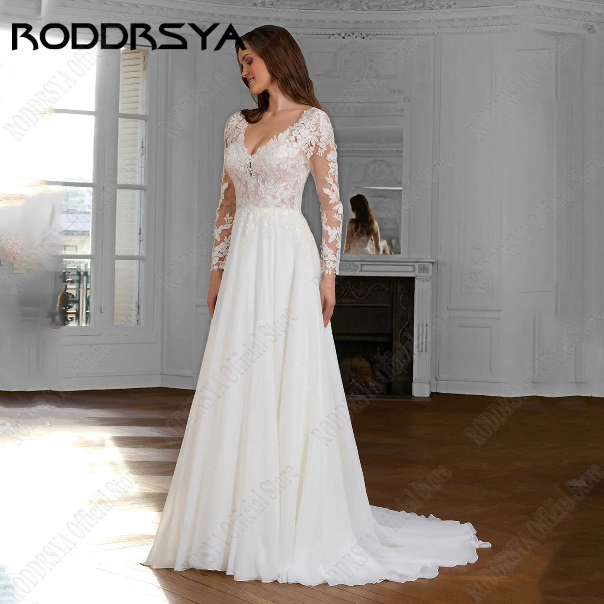 RODDRSYA Chiffon Wedding Gowns For 2025 Bride Applique Illusion Back Boho Wedding Dress Long Sleeves Bride Gown Customized